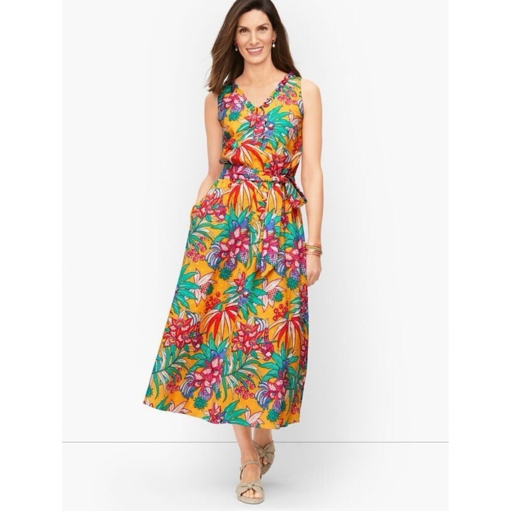 TALBOTS Sz 8 Floral Tropical Parrot Swiss Dot Belted Maxi Dress Ruffle Summer